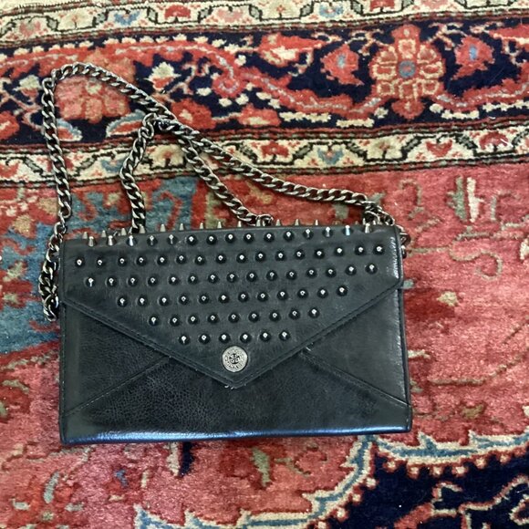 Rebecca Minkoff Black Leather Studded Crossbody Clutch Purse With Chain Strap & - Picture 16 of 16